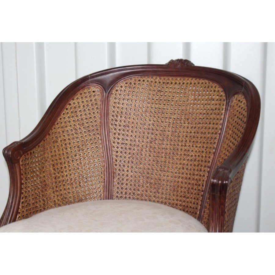 Carved Wood Bergere Chair with Upholstered Seat